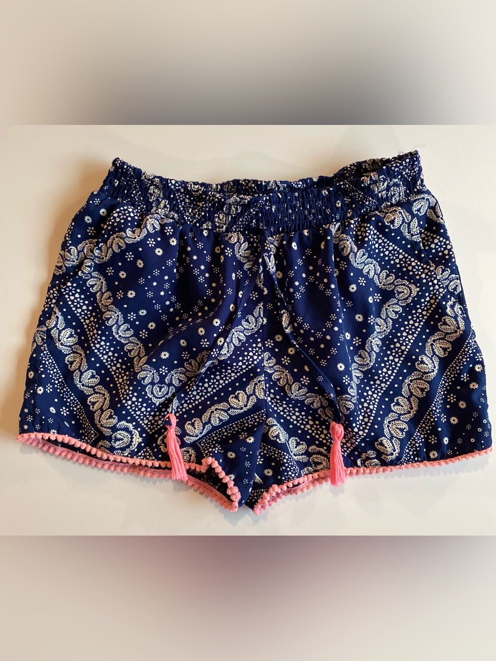 Girls' Navy Print Shorts with Pink Pom Trim